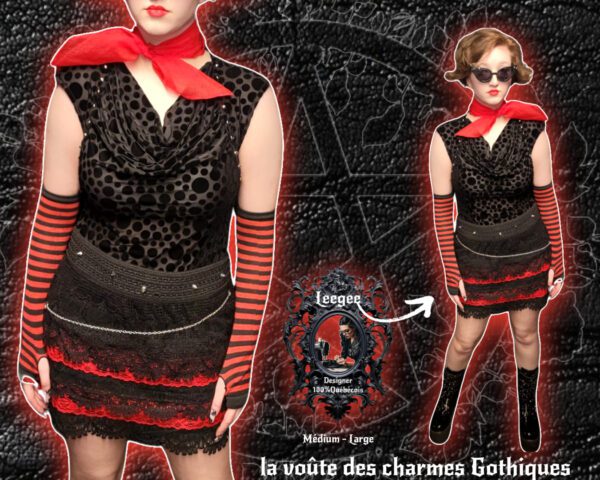 Jupe tradpunk rouge vif dentelle, spike, chaine réalisée par leegee & manche court stylisée médium